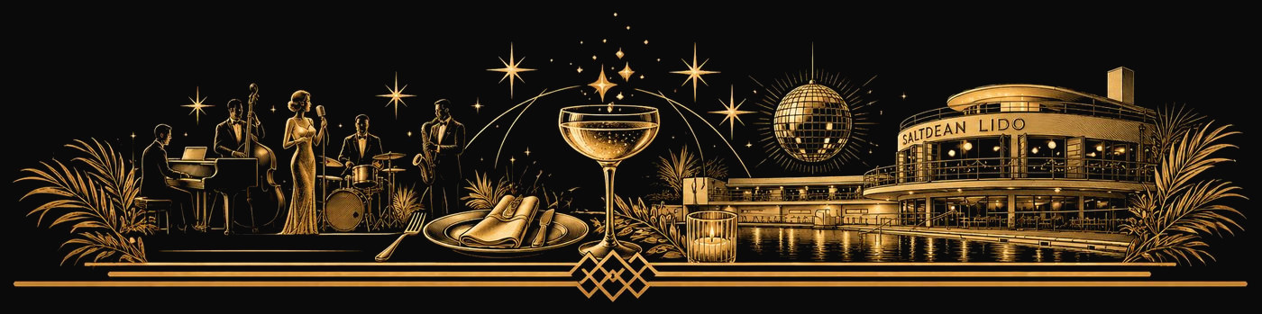 A gold Art Deco illustration of a band, dinner, champagne and the disco ball at Saltdean Lido on New Year's Eve